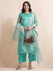 Teal A-Line Tissue Banarasi Broad Stripe Fancy Premium Kurti Set